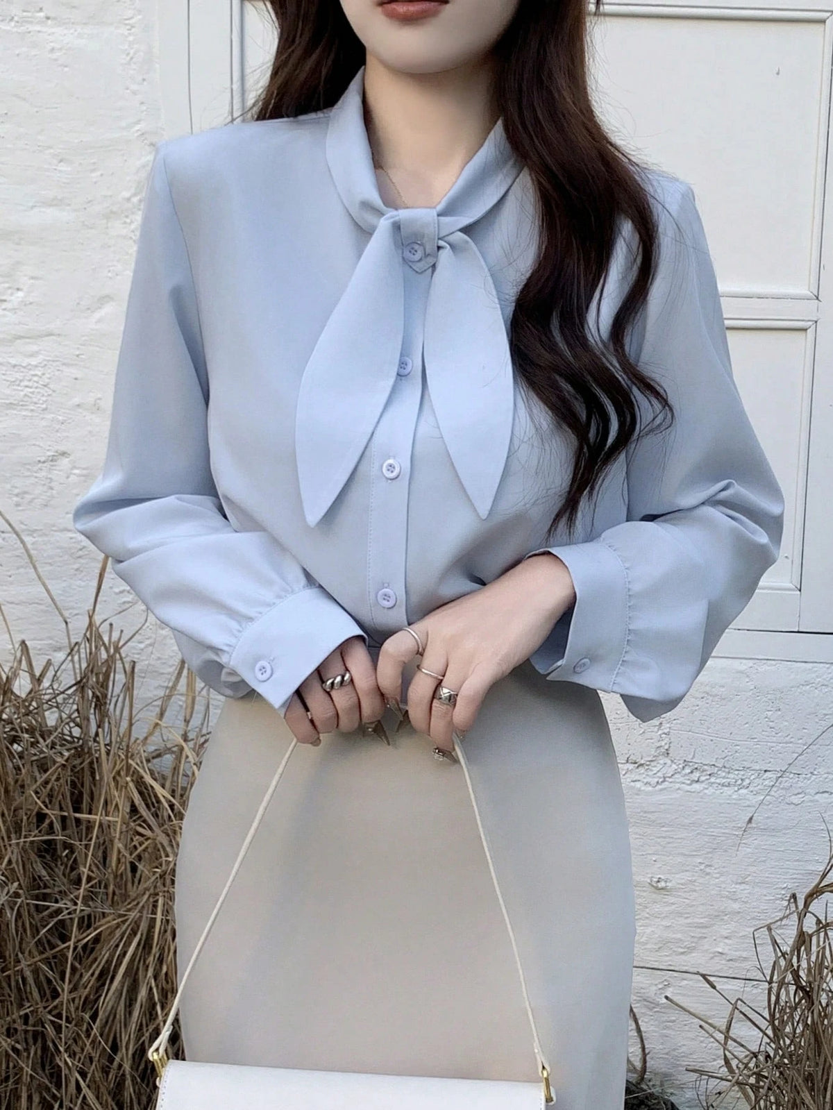 Women's Solid Color Long Sleeve Tie Neck Design Elegant Office Shirt For Autumn
