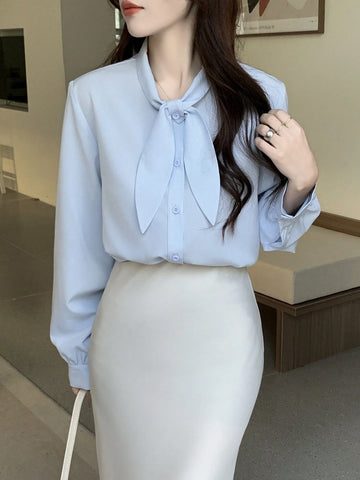 Women's Solid Color Long Sleeve Tie Neck Design Elegant Office Shirt For Autumn