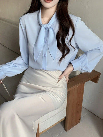 Women's Solid Color Long Sleeve Tie Neck Design Elegant Office Shirt For Autumn