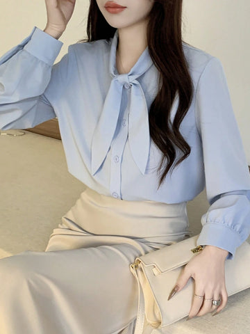 Women's Solid Color Long Sleeve Tie Neck Design Elegant Office Shirt For Autumn