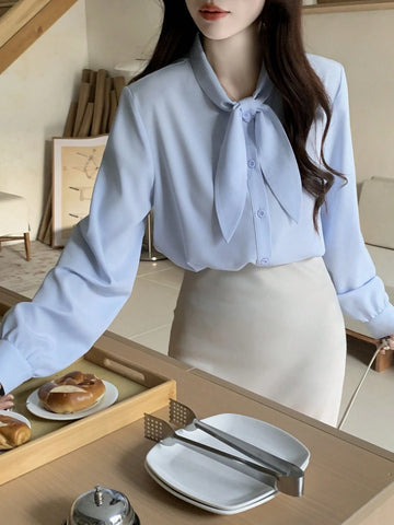 Women's Solid Color Long Sleeve Tie Neck Design Elegant Office Shirt For Autumn