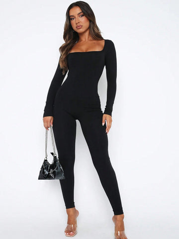 Women's Solid Color Long Sleeve Vest Jumpsuit With Ribbed Square Neckline, Open Back, Butt-lifting, Bodycon Leggings