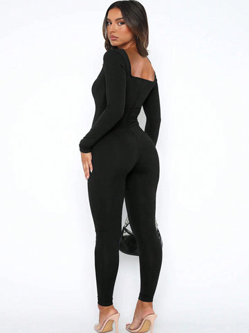 Women's Solid Color Long Sleeve Vest Jumpsuit With Ribbed Square Neckline, Open Back, Butt-lifting, Bodycon Leggings