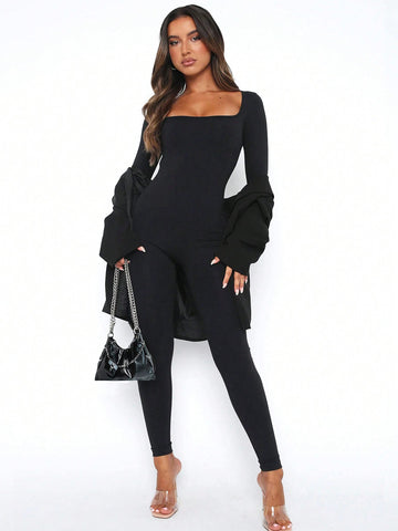 Women's Solid Color Long Sleeve Vest Jumpsuit With Ribbed Square Neckline, Open Back, Butt-lifting, Bodycon Leggings