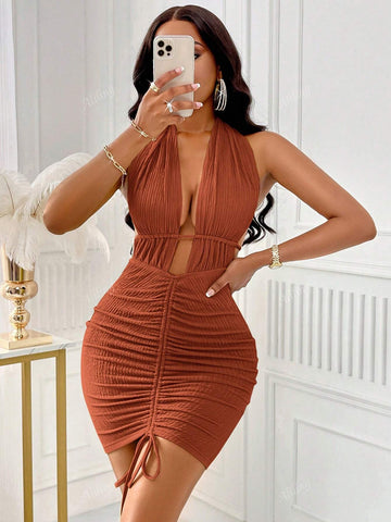 Women's Solid Color Mini Dress With Deep V-Neck Halter, Drawstring, Pleats, Ties And Open Back