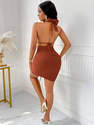Women's Solid Color Mini Dress With Deep V-Neck Halter, Drawstring, Pleats, Ties And Open Back