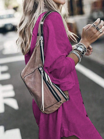 Women's Solid Color Minimalist Long Sleeve Button-Up Shirt, Casual Wear