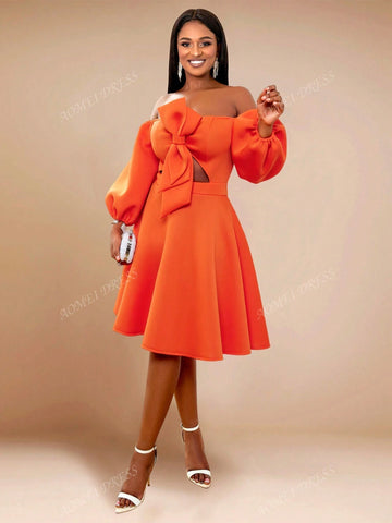 Women's Solid Color Off-Shoulder Lantern Sleeve Bowknot French Style Midi Dress