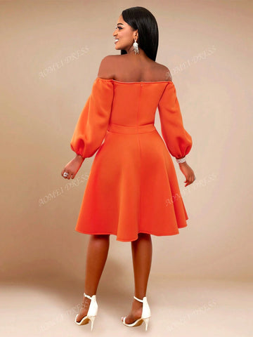 Women's Solid Color Off-Shoulder Lantern Sleeve Bowknot French Style Midi Dress