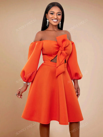 Women's Solid Color Off-Shoulder Lantern Sleeve Bowknot French Style Midi Dress