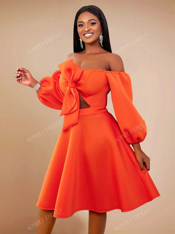 Women's Solid Color Off-Shoulder Lantern Sleeve Bowknot French Style Midi Dress