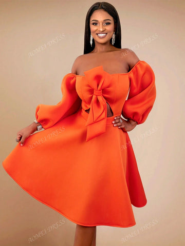 Women's Solid Color Off-Shoulder Lantern Sleeve Bowknot French Style Midi Dress