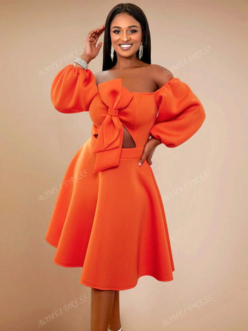 Women's Solid Color Off-Shoulder Lantern Sleeve Bowknot French Style Midi Dress