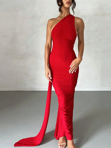 Women's Solid Color One Shoulder Backless Fish Tail Hem Bodycon Dress