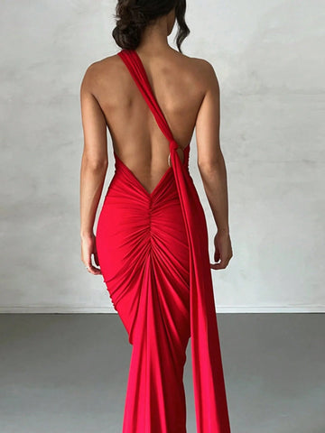 Women's Solid Color One Shoulder Backless Fish Tail Hem Bodycon Dress
