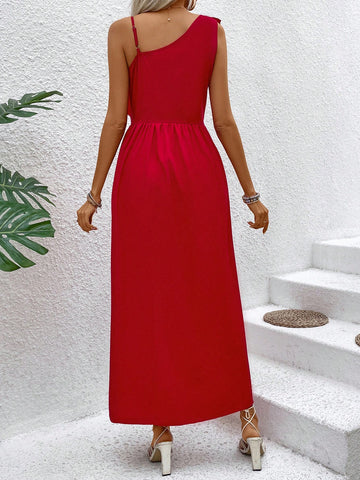 Women's Solid Color Patchwork Halter Neck Asymmetrical Hem Sleeveless Maxi Dress With Ruffle Trim