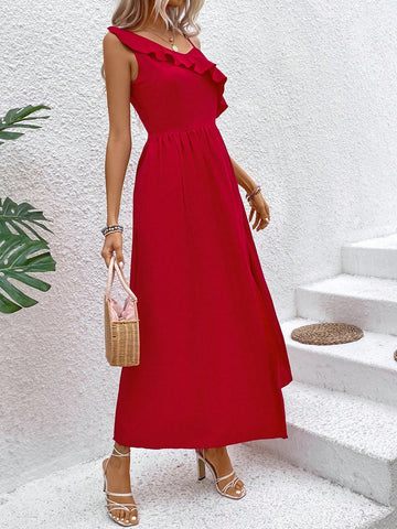 Women's Solid Color Patchwork Halter Neck Asymmetrical Hem Sleeveless Maxi Dress With Ruffle Trim