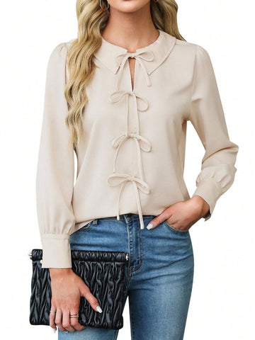 Women's Solid Color Peter Pan Collar Bowknot Decor Long Sleeve Elegant Blouse