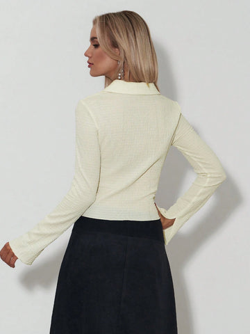 Women's Solid Color Pleated Business/Commute Versatile Solid Color Blouse, Fashion Top, Minimalist Style Button-Up Knit Shirt