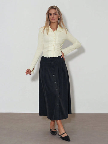 Women's Solid Color Pleated Business/Commute Versatile Solid Color Blouse, Fashion Top, Minimalist Style Button-Up Knit Shirt