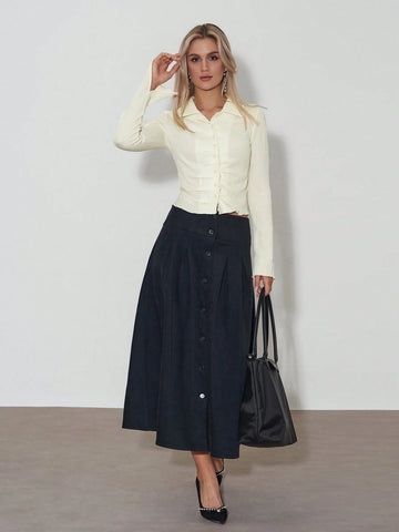 Women's Solid Color Pleated Business/Commute Versatile Solid Color Blouse, Fashion Top, Minimalist Style Button-Up Knit Shirt