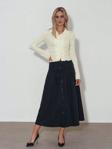 Women's Solid Color Pleated Business/Commute Versatile Solid Color Blouse, Fashion Top, Minimalist Style Button-Up Knit Shirt