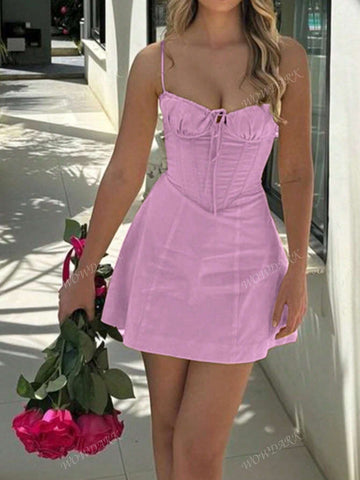 Women's Solid Color Pleated Front Tie Cami A-Line Dress For Autumn