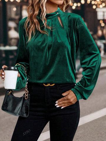 Women's Solid Color Pleated Long Sleeve Shirt, Elegant And Casual For Commute, Autumn/Winter