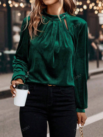 Women's Solid Color Pleated Long Sleeve Shirt, Elegant And Casual For Commute, Autumn/Winter