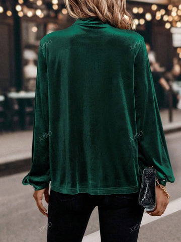 Women's Solid Color Pleated Long Sleeve Shirt, Elegant And Casual For Commute, Autumn/Winter