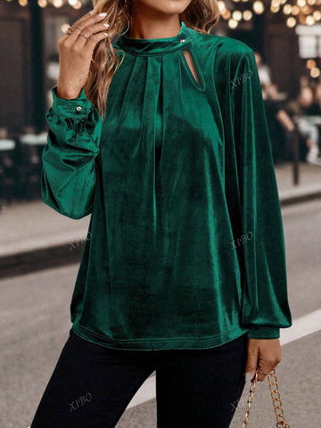 Women's Solid Color Pleated Long Sleeve Shirt, Elegant And Casual For Commute, Autumn/Winter