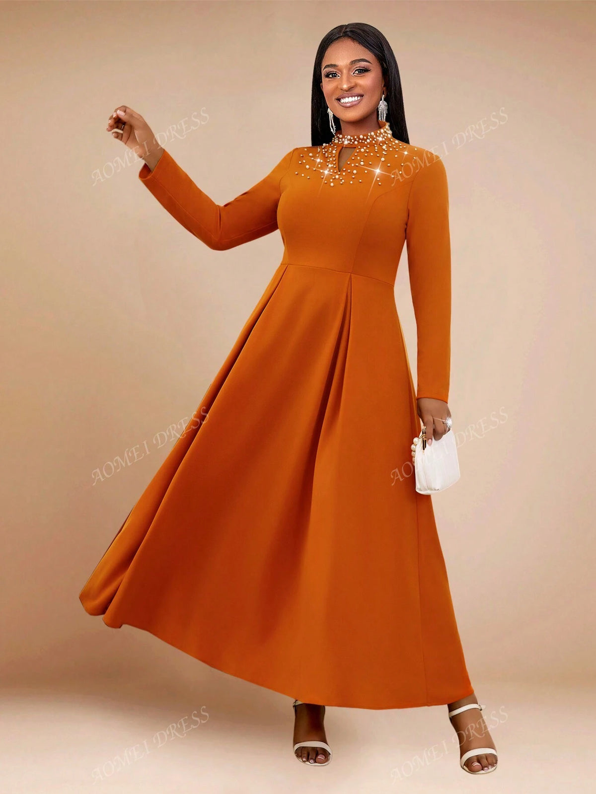Women's Solid Color Pleated Minimalist Long High Neck Beaded Long Sleeve A-Line Dress