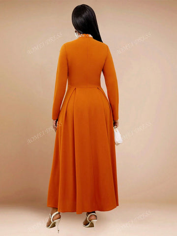 Women's Solid Color Pleated Minimalist Long High Neck Beaded Long Sleeve A-Line Dress