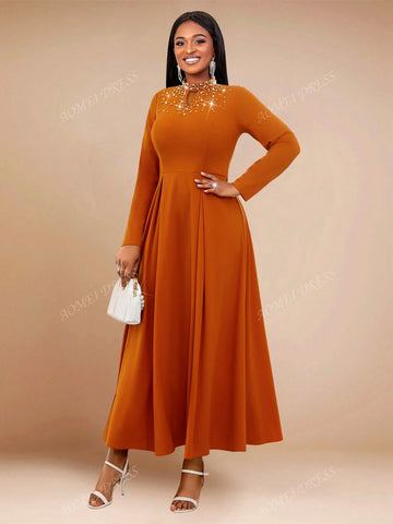 Women's Solid Color Pleated Minimalist Long High Neck Beaded Long Sleeve A-Line Dress