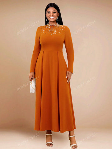 Women's Solid Color Pleated Minimalist Long High Neck Beaded Long Sleeve A-Line Dress