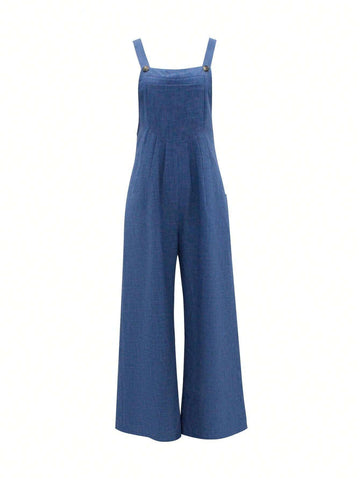 Women's Solid Color Pleated Pocket Button Straight Long Dungarees, Summer