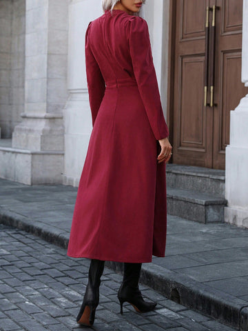 Women's Solid Color Pleated Round Neck Elegant Commuter Long Sleeve Corduroy Dress