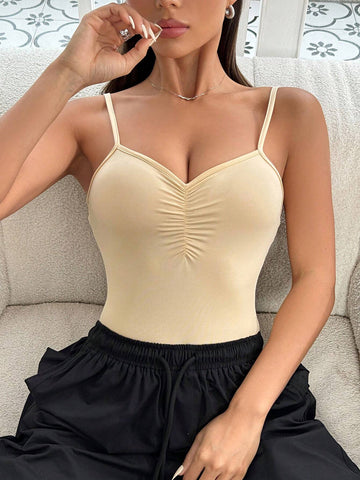 Women's Solid Color Pleated Strap Bodysuit