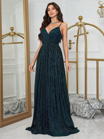 Women's Solid Color Pleated Strap Long Evening Dress