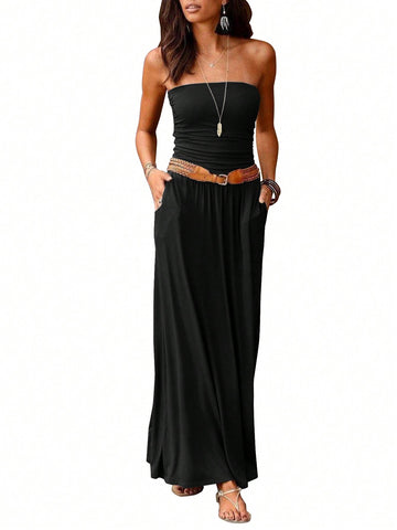 Women's Solid Color Pleated Strapless Loose Dress