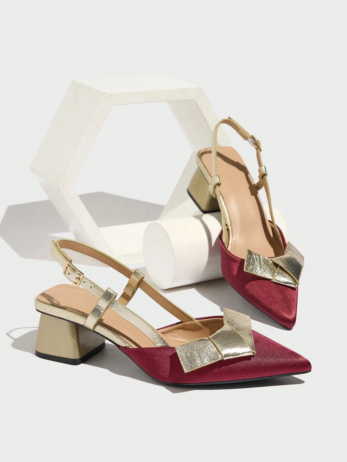 Women's Solid Color Pointed Toe Thick Heel Shoes, Bowknot Decor