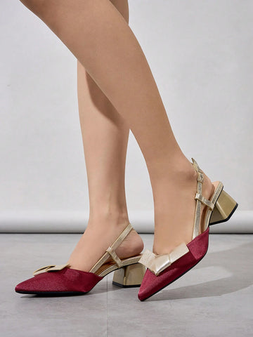 Women's Solid Color Pointed Toe Thick Heel Shoes, Bowknot Decor