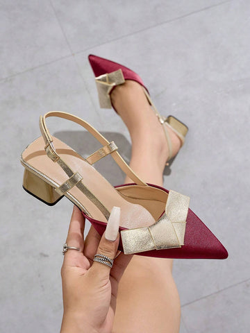 Women's Solid Color Pointed Toe Thick Heel Shoes, Bowknot Decor