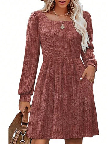 Women's Solid Color Ribbed Knitted Sweater Dress With Pocket, Crew Neck, Long Sleeve