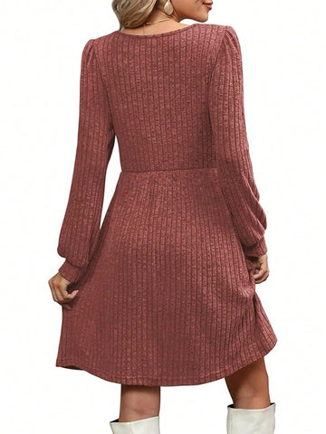 Women's Solid Color Ribbed Knitted Sweater Dress With Pocket, Crew Neck, Long Sleeve