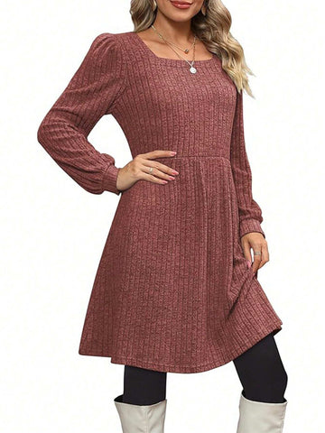 Women's Solid Color Ribbed Knitted Sweater Dress With Pocket, Crew Neck, Long Sleeve