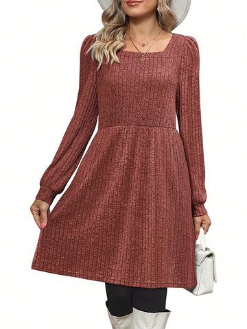 Women's Solid Color Ribbed Knitted Sweater Dress With Pocket, Crew Neck, Long Sleeve