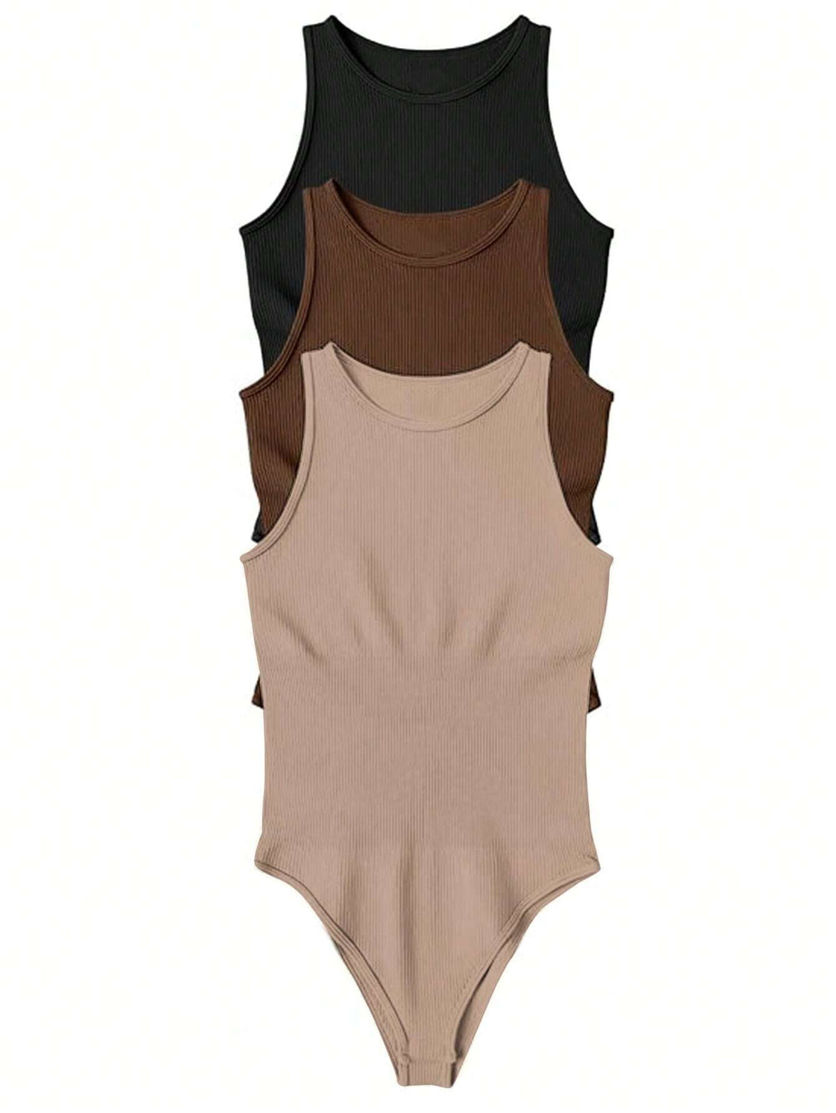 Women's Solid Color Ribbed Round Neck Sleeveless Bodysuit