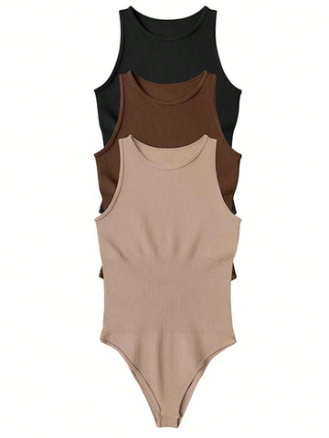 Women's Solid Color Ribbed Round Neck Sleeveless Bodysuit