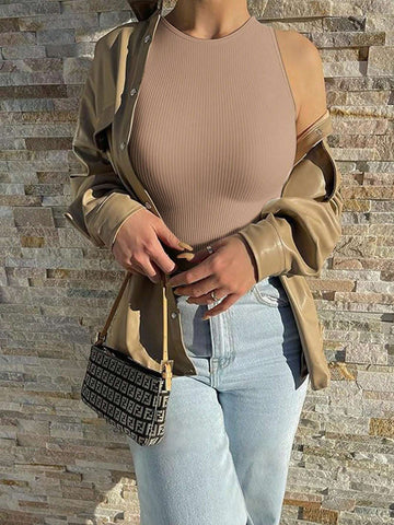 Women's Solid Color Ribbed Round Neck Sleeveless Bodysuit